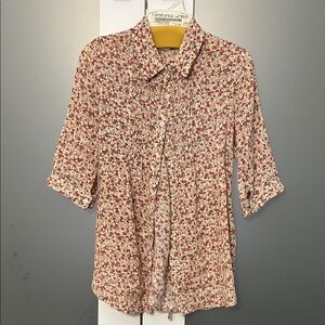 Elegant Floral Blouse - Red and Cream Tie Back